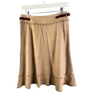 Blue Les Copains Italy tan tweed tiered fringe belt skirt 100% wool IT42 US6 New